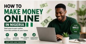 Young Nigerian working on a laptop and earning money online through freelancing, affiliate marketing, content creation, and digital skills.