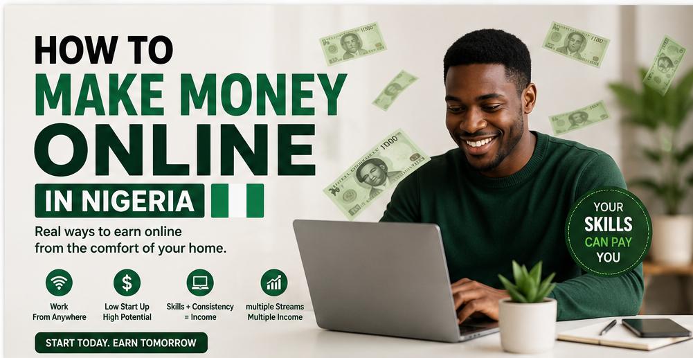 Young Nigerian working on a laptop and earning money online through freelancing, affiliate marketing, content creation, and digital skills.