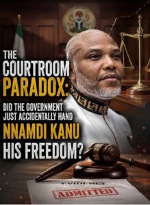IPOB leader Mazi Nnamdi Kanu standing inside the trial box during a high-profile legal hearing at the Federal High Court in Abuja.