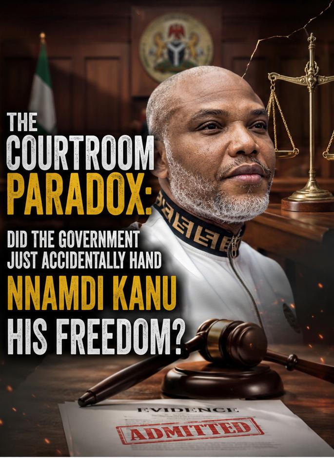 IPOB leader Mazi Nnamdi Kanu standing inside the trial box during a high-profile legal hearing at the Federal High Court in Abuja.