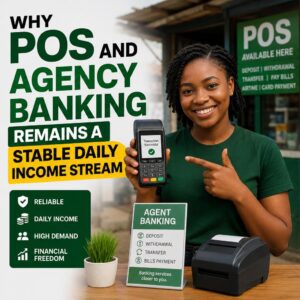 A modern agency banking point of sale terminal kiosk setup handling a customer withdrawal transaction