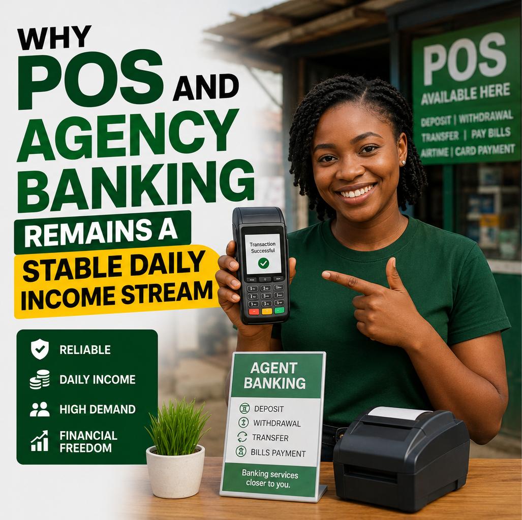 A modern agency banking point of sale terminal kiosk setup handling a customer withdrawal transaction