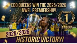Edo Queens FC players celebrating with the NWFL trophy in Port Harcourt