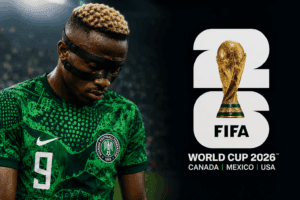Disappointed Super Eagles players reacting to missing out on the 2026 FIFA World Cup due to qualification issues.